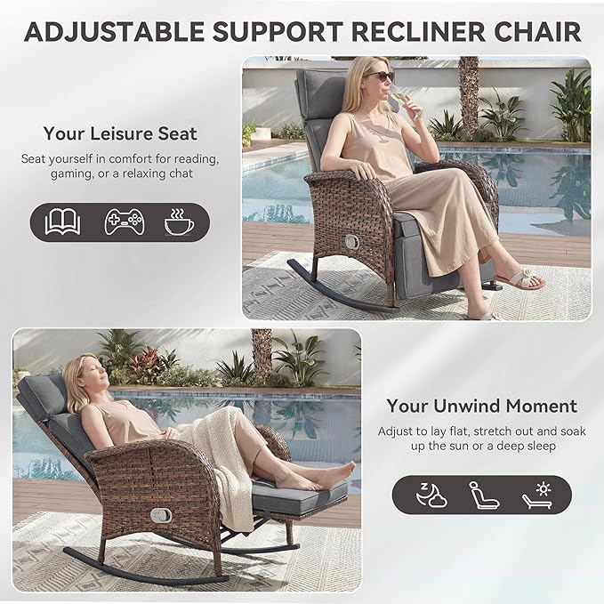 3 Pieces Zero Gravity Wicker Patio Rocking Recliner Chairs Set of 2 - Image 5