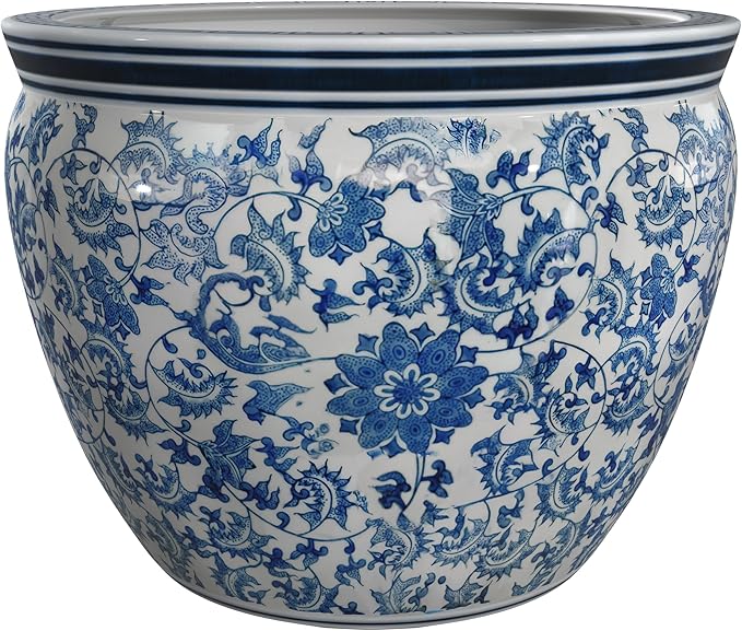 Red Lantern 12" Floral Blue & White Porcelain Fishbowl Planter or Cachepot by RedLantern