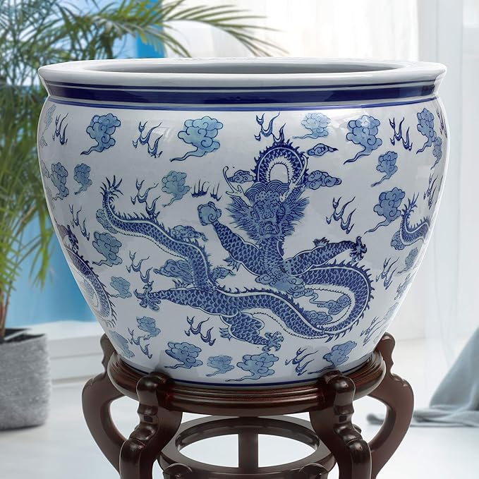 Red Lantern 18" Dragon Blue & White Porcelain Fishbowl - Image 8