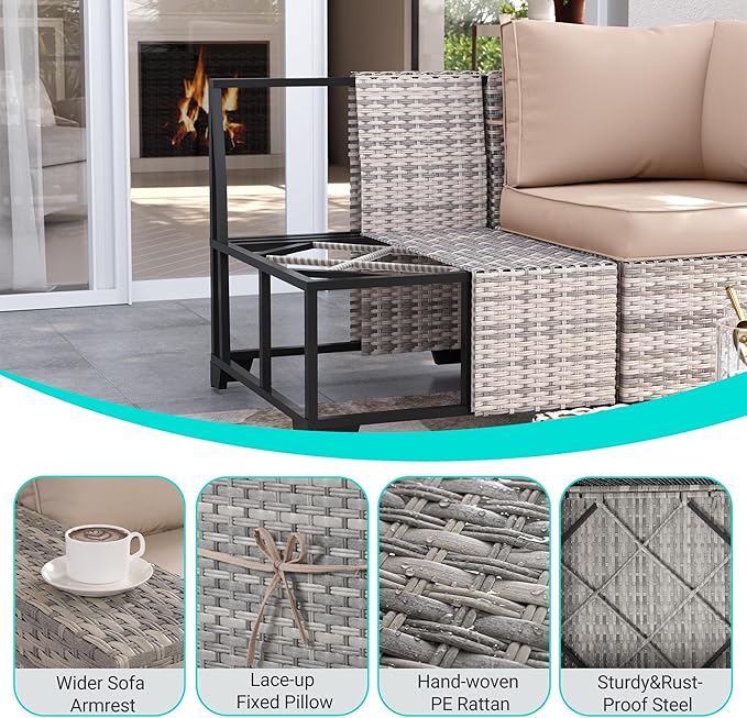 6-Piece Outdoor Patio Furniture Set Wicker Sectional Sofa Set, Patio - Image 4