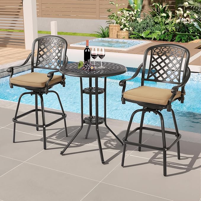 3-Piece Cast Aluminum Patio Bar Set, Outdoor Round High Top Table & 2 Swivel - Image 2