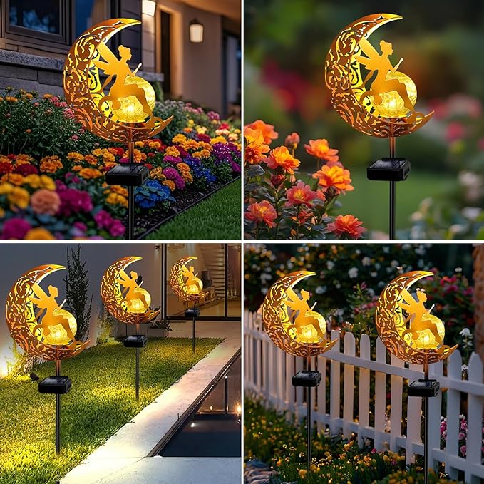 YJFWAL 2 Pack Garden Solar Lights Pathway Stake Lights Moon Fairy Glass Globe - Image 7