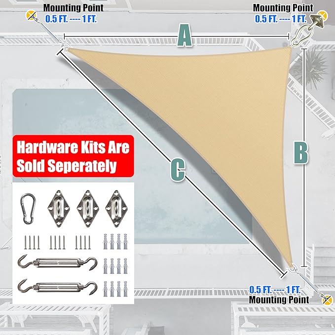 Amgo Custom Size 14' x 15' x 20.5' Beige Right Triangle Sun Shade Sail Order to - Image 7