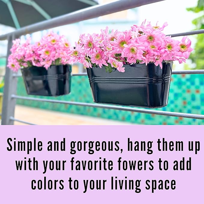 LaLaGreen Outdoor Plants Rail Planter Black Metal Iron Hanging Flower Oval Pots - Image 3