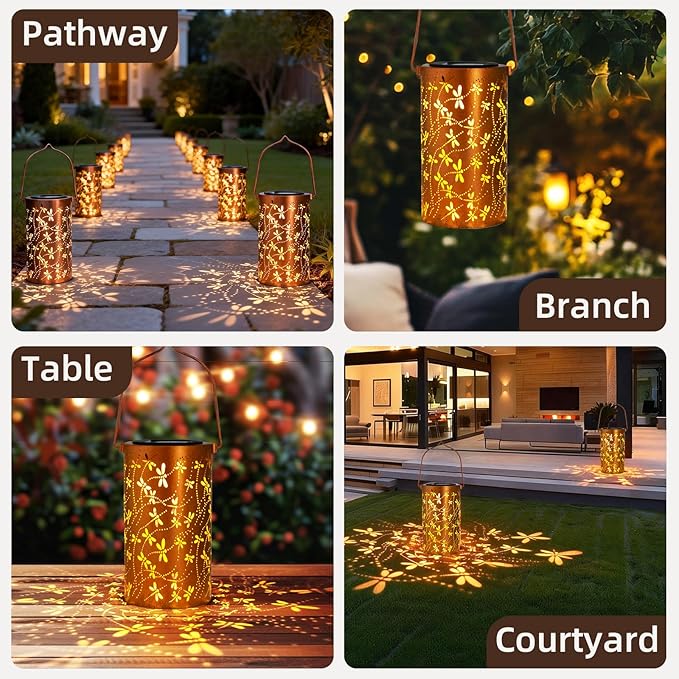 2 Pack Solar Lanterns Outdoor Hanging Lantern Lights, Dragonfly Hollowed-Out - Image 6