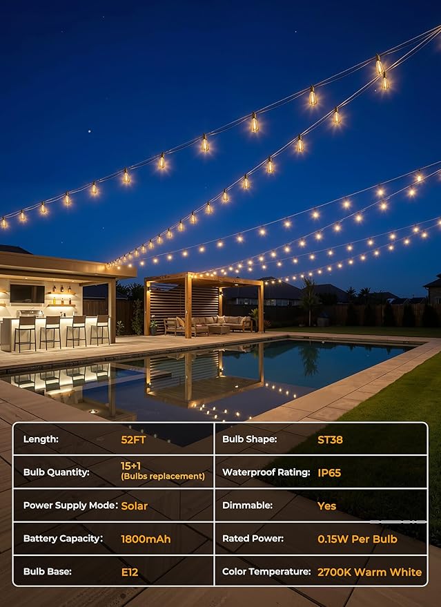 Brightown 52FT Solar String Lights Outdoor Waterproof, Patio Lights - Image 8