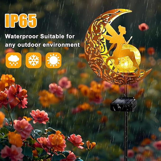 YJFWAL 2 Pack Garden Solar Lights Pathway Stake Lights Moon Fairy Glass Globe - Image 6