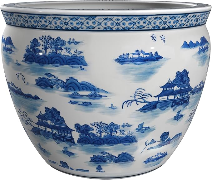 Red Lantern 18" Porcelain Fishbowl Blue & White Landscape Planter by RedLantern