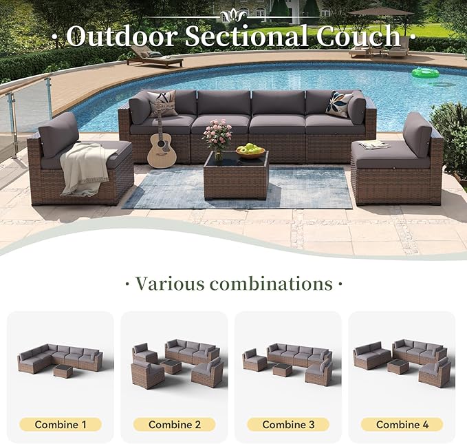 Aoxun 7 Piece Patio Furniture Set Wicker Rattan Patio Conversation Set Outdoor - Image 7