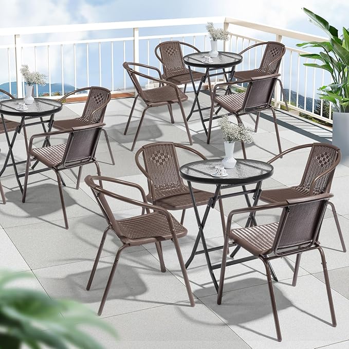 VINGLI PE Rattan Outdoor Dining Chairs Set of 2, Plastic Stackable Patio Chairs - Image 8