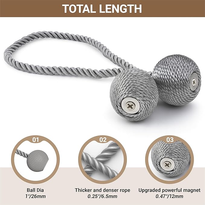 Hion Magnetic Curtain Tiebacks Grey 4 Pack, Curtain Tiebacks Buckles Holdbacks - Image 2