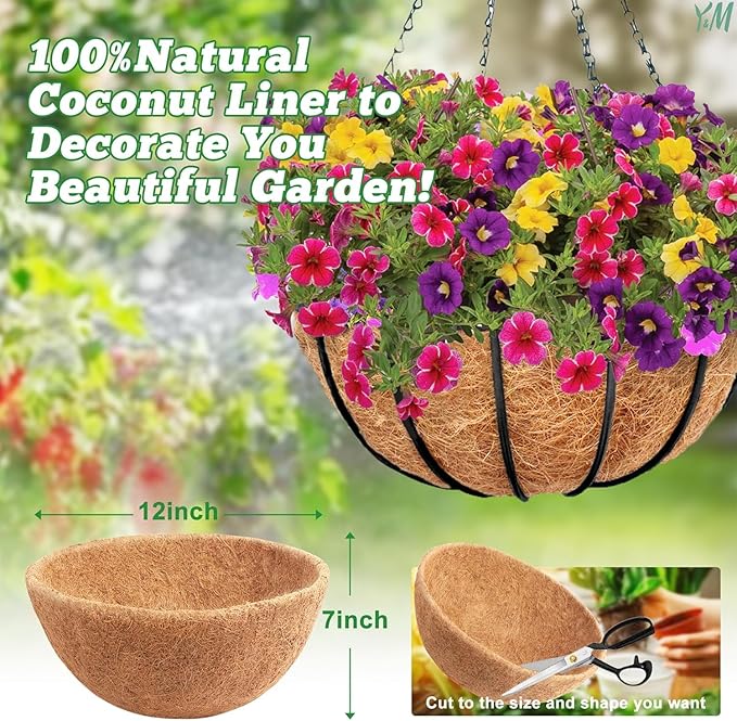 Y&M Pack of 2 12" Pre-Formed Round Coco Fiber Hanging Basket Liner, Coco - Image 2