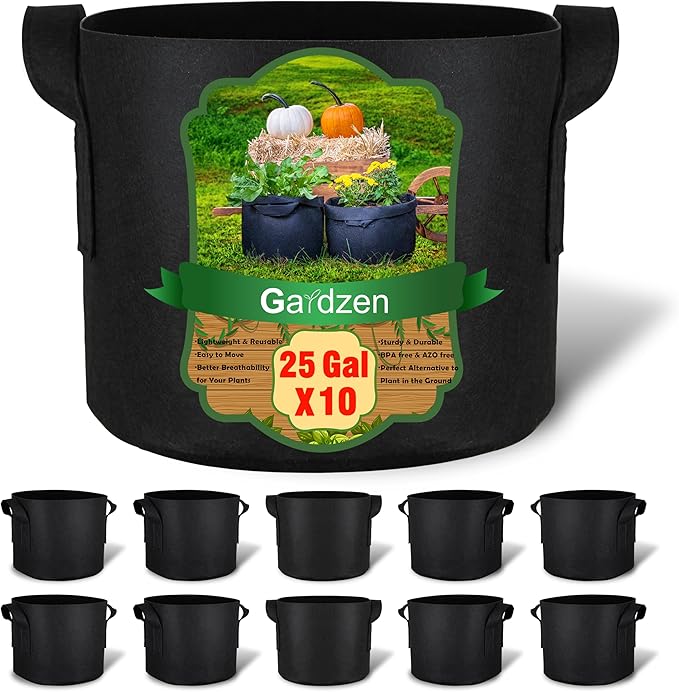 Gardzen 10-Pack 25 Gallon Grow Bags, 300G Thickened Aeration Fabric Pots by Gardzen