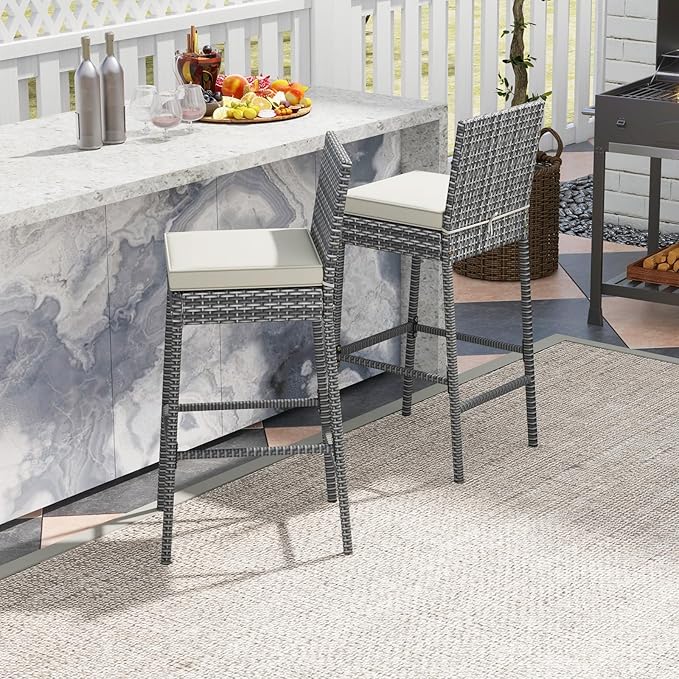 HAPPYGRILL Patio Wicker Barstools Set of 4, Outdoor Bar Height Chair w/Soft - Image 4