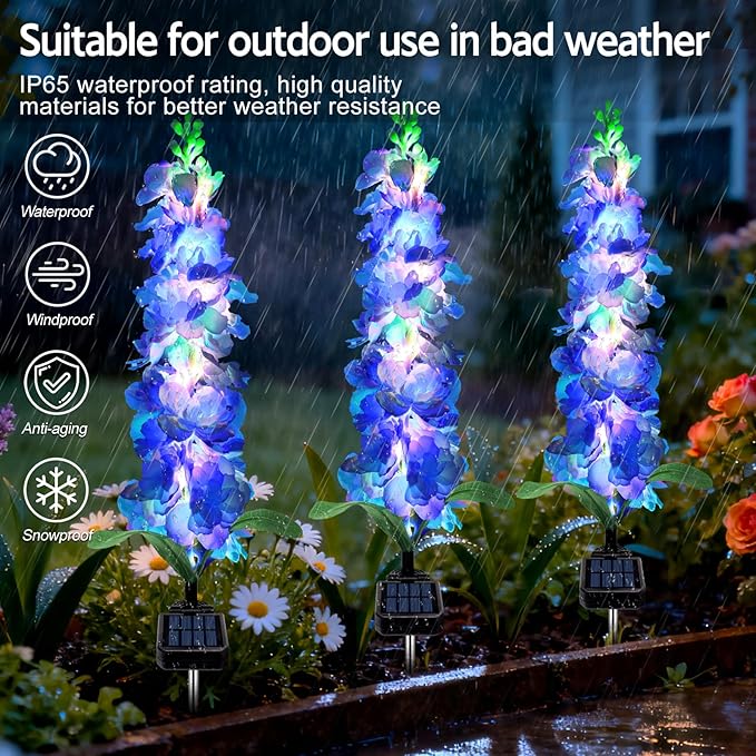 Solar Garden Lights, Solar Blue Delphinium Flowers Lights 8 Pack 160 LEDs - Image 5