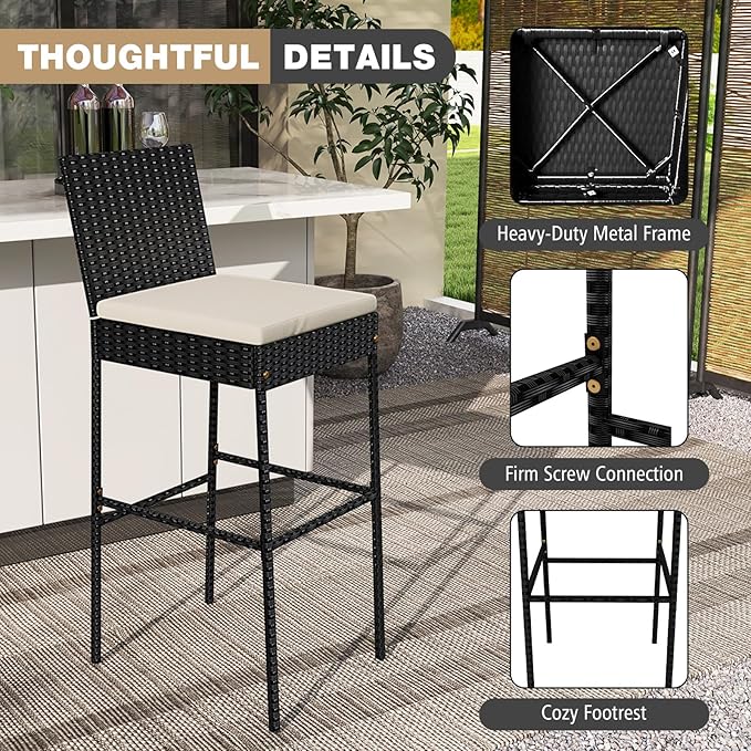 HAPPYGRILL Wicker Patio Barstools Set of 2, Outdoor Rattan Bar Chairs - Image 8