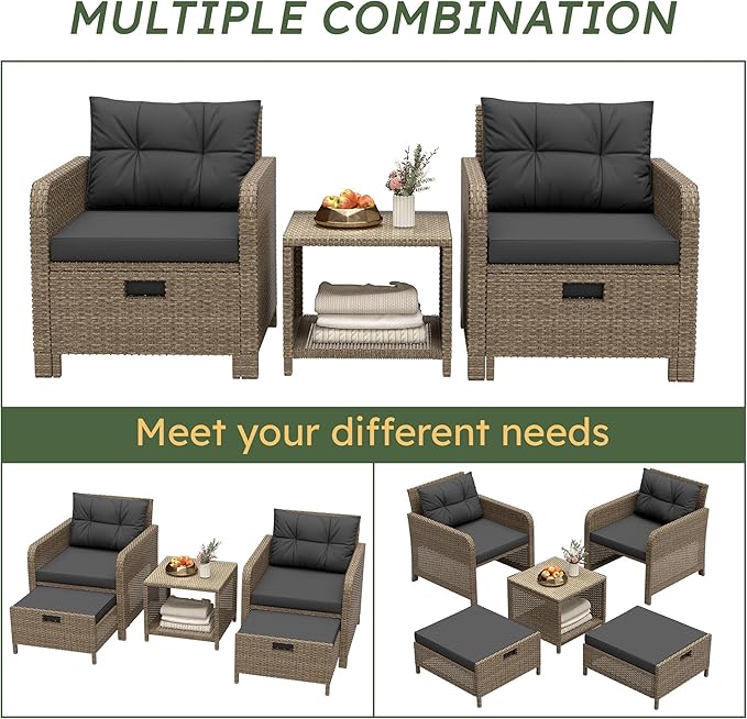 LHBcraft Balcony Furniture 5 Piece Patio Conversation Set, PE Wicker Rattan - Image 5