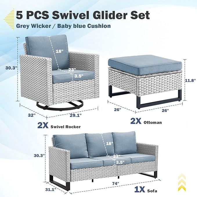 Belord Wicker Patio Furniture 5 Piece Outdoor Sofa Set, Oversize Outdoor Swivel - Image 2