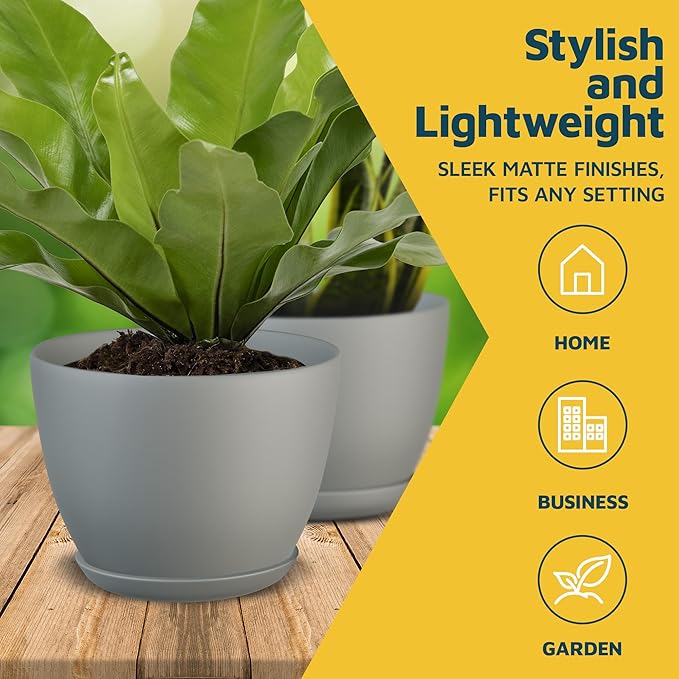 Gray Plant Pots with Drainage Holes & Saucers 3 Pack, Indoor & Outdoor - Image 3
