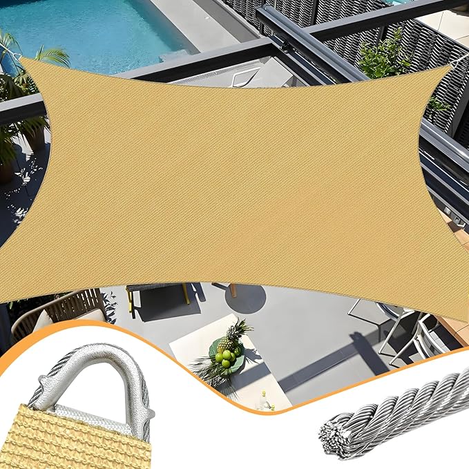 Sun Shade Sail Upgraded with High-Strength Steel Cable Edges 12' x 16' Sand by OOTONAT