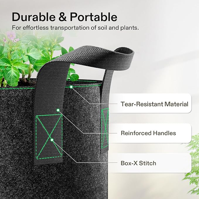 VIVOSUN 5-Pack 2 Gallon Grow Bags Heavy Duty Thickened Nonwoven Fabric Pots - Image 4