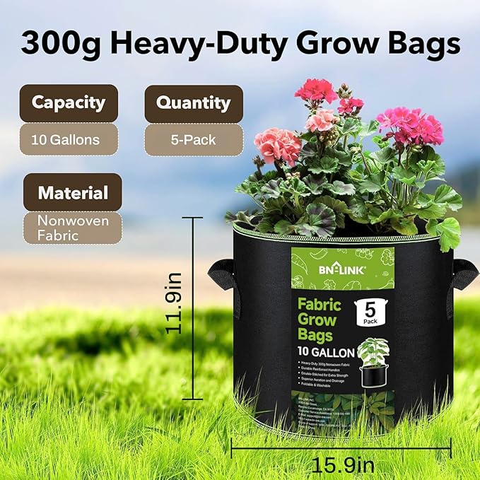 BN-LINK 5-Pack 10 Gallon Grow Bags, Heavy Duty Aeration Fabric Pots - Image 4