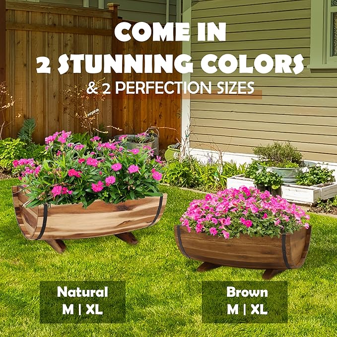 IDZO Solid Acacia Wood Half Barrel Planters Outdoor Set of 2 Different Sizes - Image 6