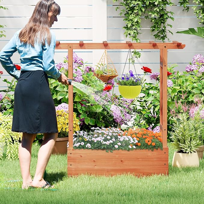 Giantex Raised Garden Bed with 2-Sided Trellis & Hanging Roof, Fir Wood Planter - Image 9