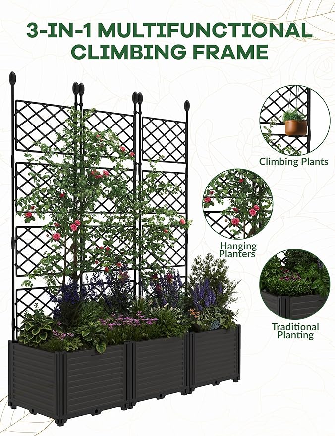 3 PCS Raised Garden Bed with Trellis, Patio Privacy Screen & Balcony Garden - Image 5