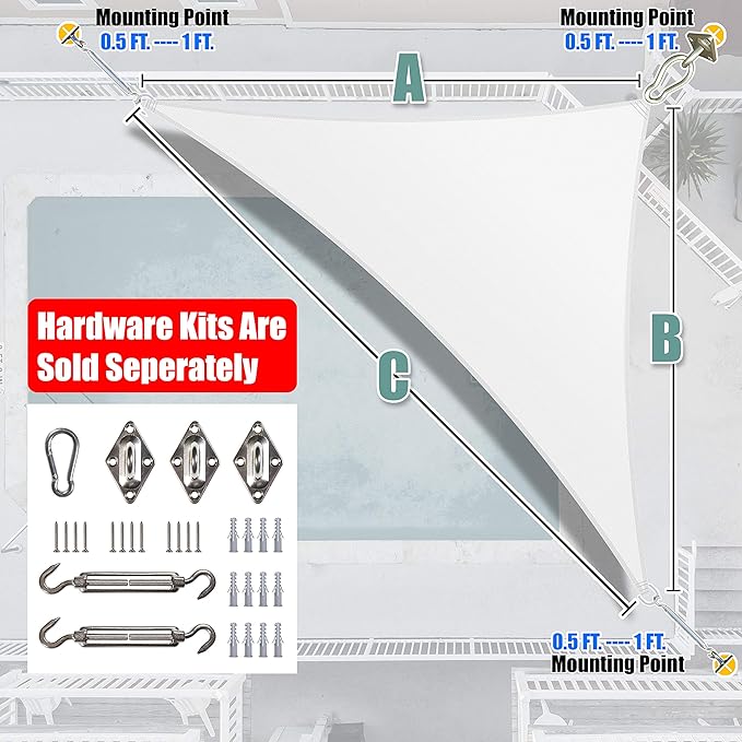 Amgo Custom Size 12' x 13' x 17.7' White Right Triangle Sun Shade Sail UPF50+ - Image 8