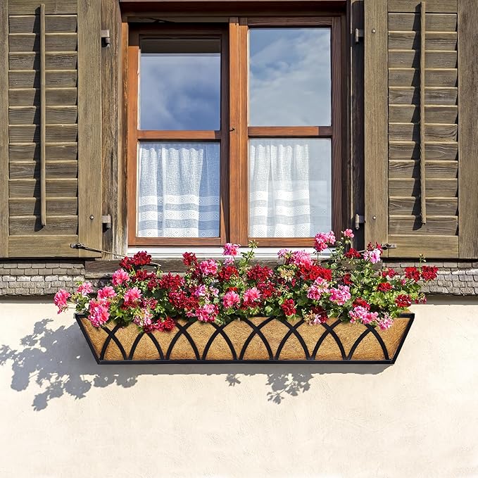 30 Inch Window Deck with Coco Liner Set of 4, Metal Hanging Flower Planter - Image 6