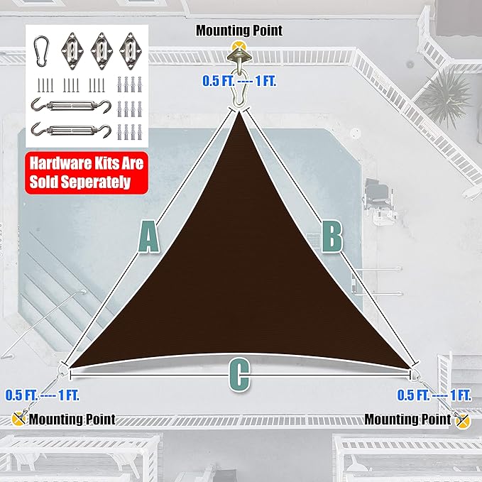 Amgo 16' x 16' x 16' Brown Triangle Sun Shade Sail UPF50+ Canopy Awning AGSLT - Image 7