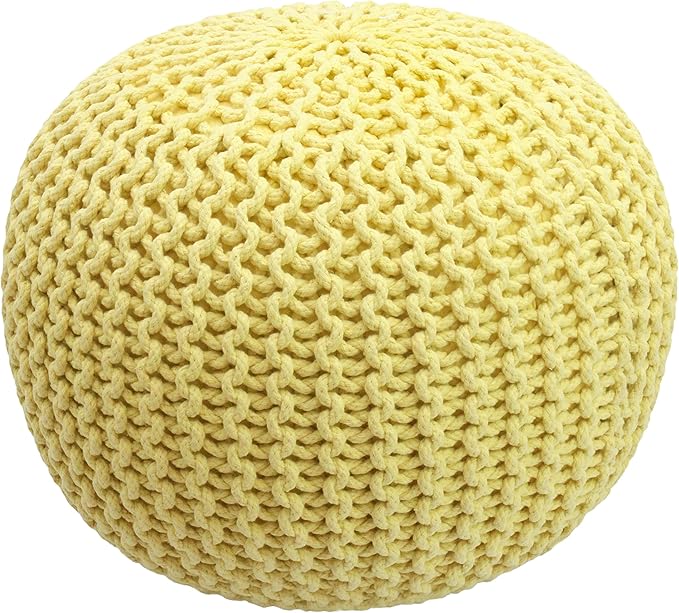 COTTON CRAFT - Hand Knitted Cable Style Dori Pouf - Yellow - Floor Ottoman - by COTTONCRAFT