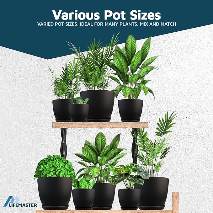 Black Plant Pots with Drainage Holes & Saucers 15 Pack, Indoor & Outdoor - Image 4