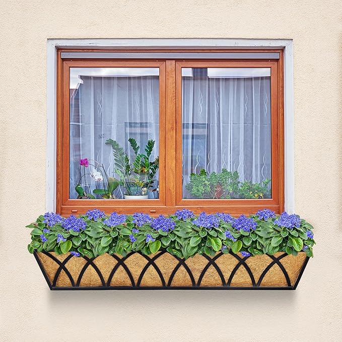 30 Inch Window Deck with Coco Liner Set of 2, Metal Hanging Flower Planter - Image 6