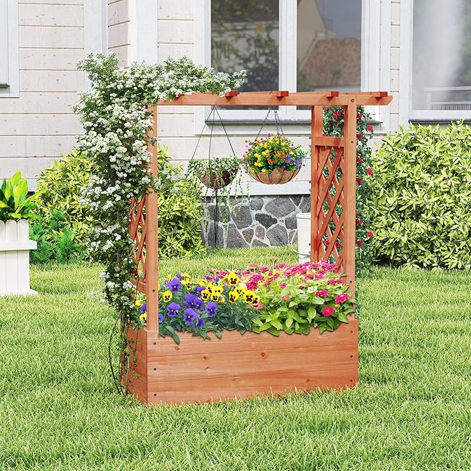 Giantex Raised Garden Bed with 2-Sided Trellis & Hanging Roof, Fir Wood Planter - Image 8