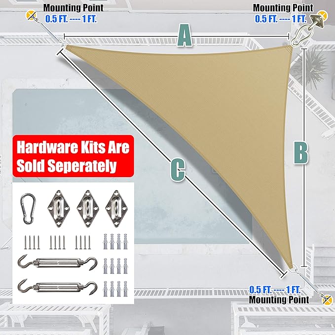 Amgo Custom Size 8' x 10' x 12.8' Sand Beige Right Triangle Sun Shade Sail - Image 8