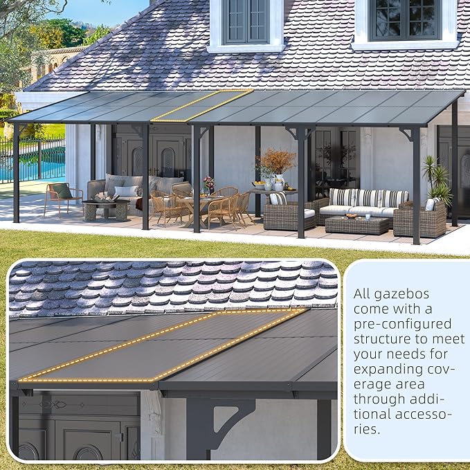 AECOJOY 22' x 8' Gazebo for Patio, Large Wall-Mounted Hard Top Lean-to Gazebo - Image 4