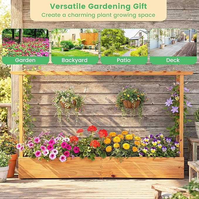 Giantex Raised Garden Bed with Trellis & Hanging Roof, Wood Planter Box with - Image 4