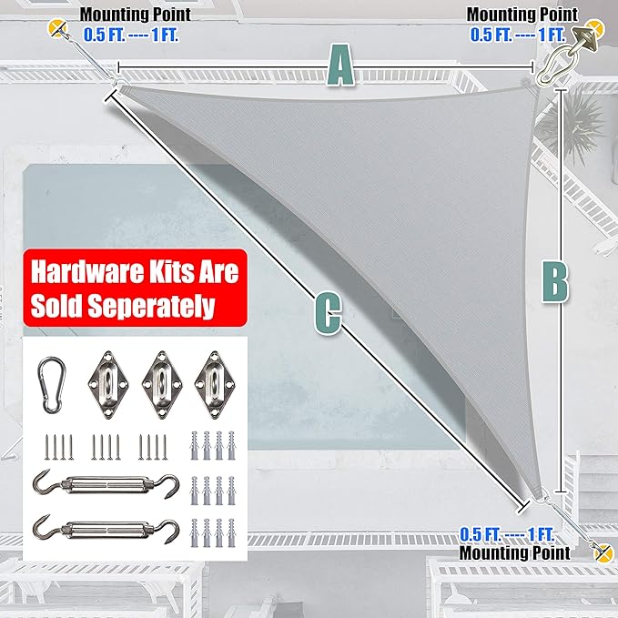 Amgo Custom Size 16' x 20' x 25.6' Gray Right Triangle Sun Shade Sail UPF50+ - Image 8