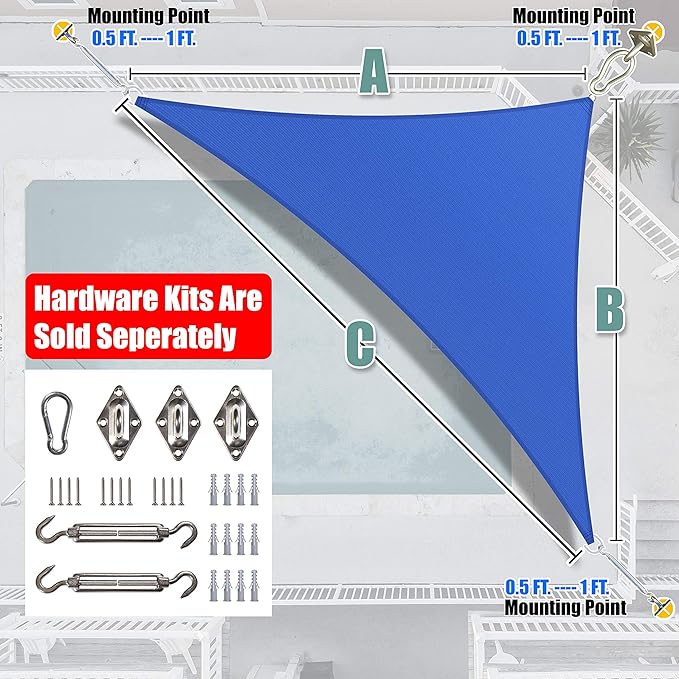 Amgo Custom Size 11' x 13' x 17' Blue Right Triangle Sun Shade Sail UPF50+ - Image 8