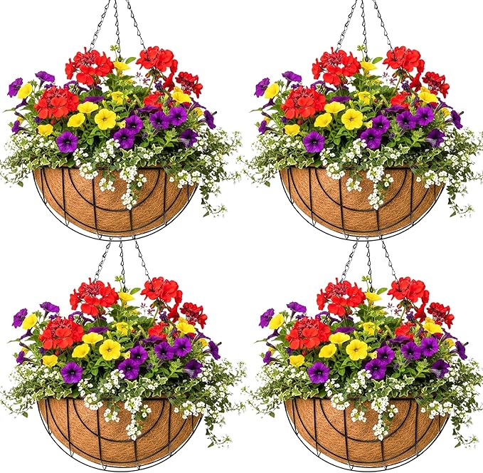 12 inch Metal Hanging Baskets for Plants Outdoor 4 Pack Round Metal Wire by JFFLYIT