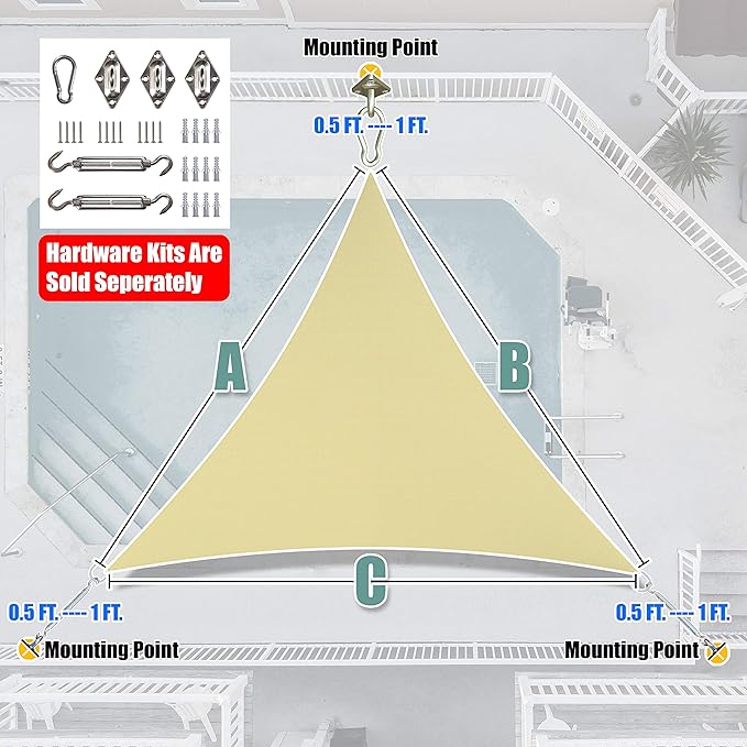 Amgo Custom Size 24' x 24' x 24' Sand Beige Triangle Sun Shade Sail UPF50+ - Image 8