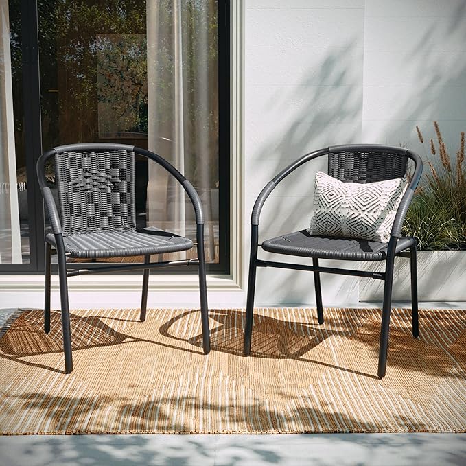 EMMA + OLIVER Set of 2 Modern Rattan Indoor/Outdoor Stack Chairs, Stacking - Image 6