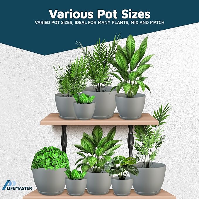 Gray Plant Pots with Drainage Holes & Saucers 3 Pack, Indoor & Outdoor - Image 4