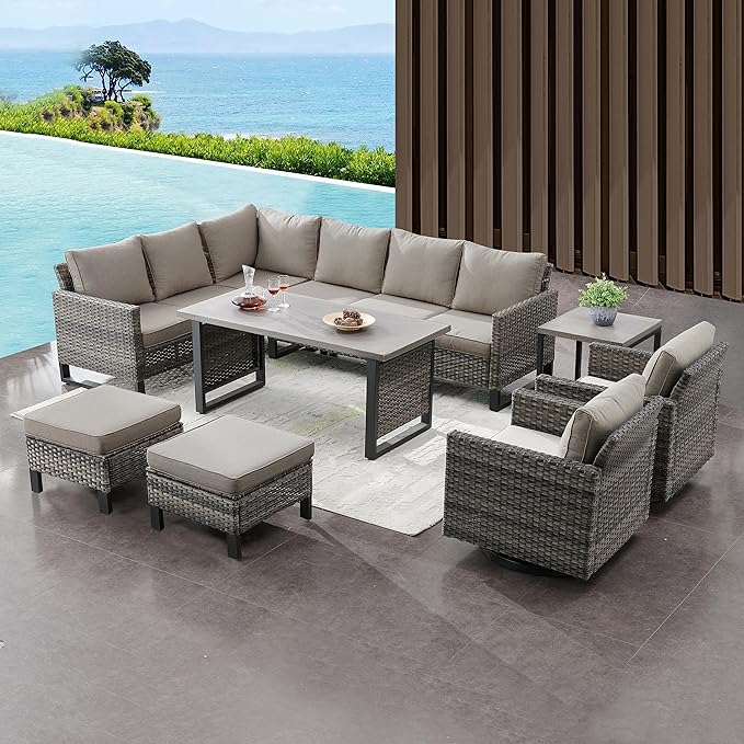 Belord Outdoor Sectional Sofa 6 Seater L Shaped Couch Wicker Patio Conversation - Image 7
